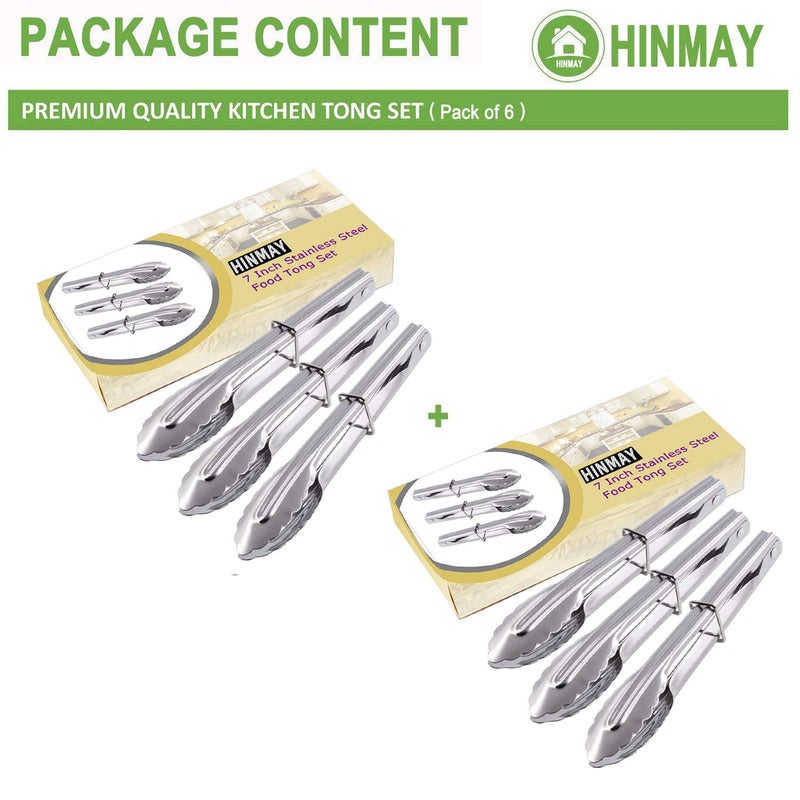 HINMAY Mini Stainless Steel Food Tongs with Silding Rings 7-Inch - Set of 6 - Small Clam Shell Service Tongs for Serving Appetizers, Desserts, Salads, Barbecue and Cooking (Silver) - Image 2